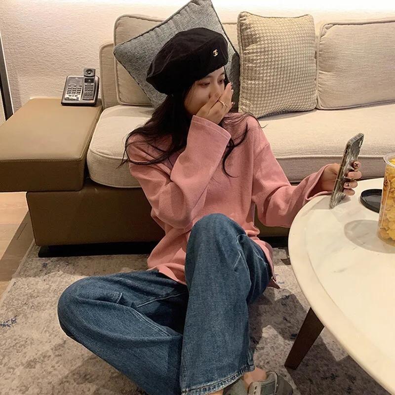 Waffle Women's Long-sleeved T-shirt Ins All-match Bottoming Shirt Women's Spring and Autumn Loose Women's Tops Casual Blouses for Girl