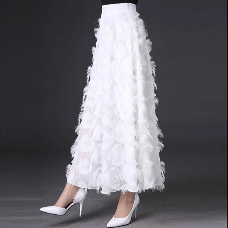 Tassel Feather High Waist Chiffon Feather Fringe Skirt Mid-length Summer Elastic Waist Long Skirt