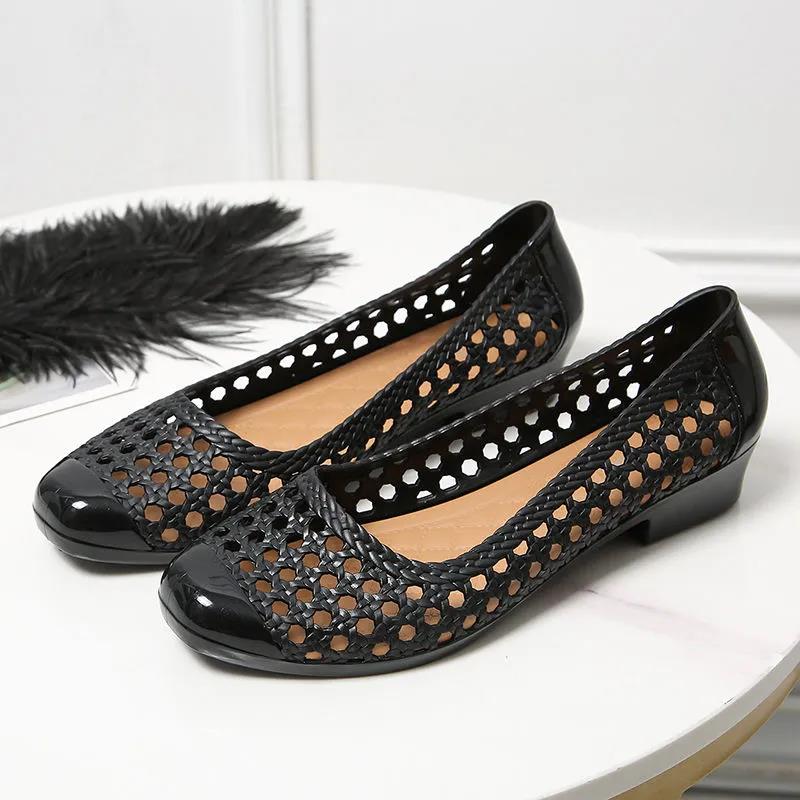 Sandals Ladies Hollow Soft Sole Casual Wear Hole Shoes Shallow Mouth Work Non-slip Beach Slope Heel Sandals and Slippers
