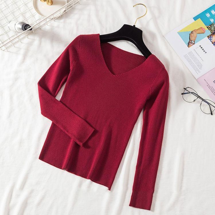 Women's Autumn and Winter V-neck Elastic Slim Sweater Versatile Large Size Knitted Pullover Long Sleeve Bottoming Sweaters