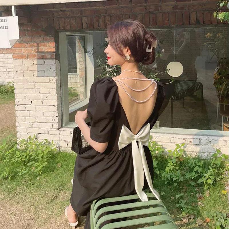 Women's Summer Long Dress Square Neck Slim Puff Sleeve Solid Color Skirt