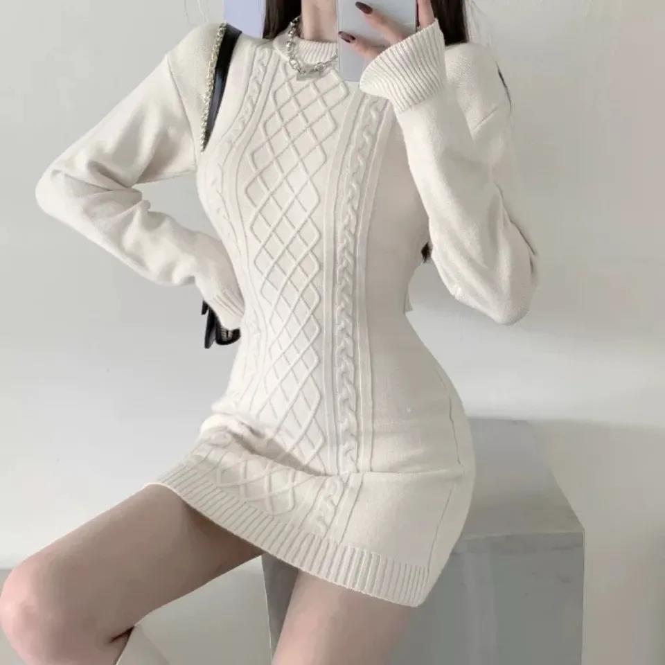 Autumn Fashion Sexy Solid O-Neck Skinny Mini Dress Women Rib Knit Keep Warm Long Sleeve Slim Dress Streetwear