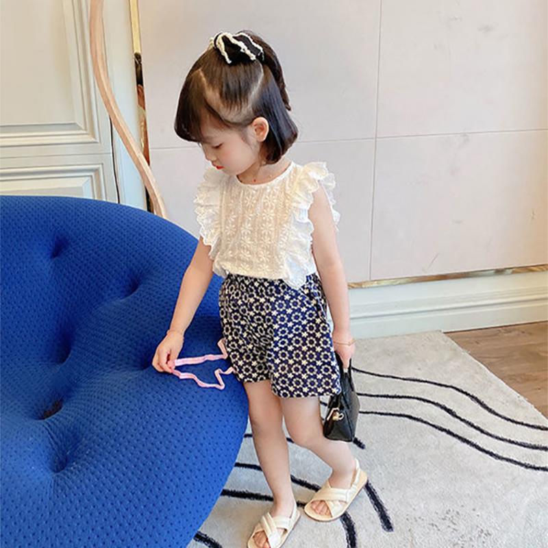 Girls' Summer Dress Foreign Style Shirt Baby Girl Round Neck Flower Shirt Korean Lace Sleeveless Top