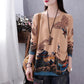 Vintage  Literary Print Long-sleeved Sweater Women Fall/winter Oversized Knit Sweater Outwear  Pullover Jumper Top with Pocket