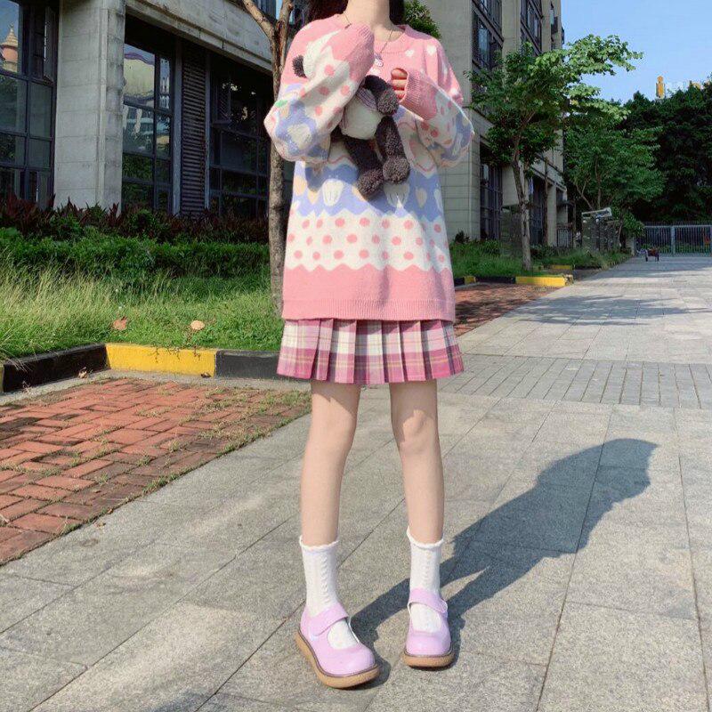 Japanese Preppy Style Autumn Winter Women Sweater Pink Strawberry Heart Warm Knitted Pullover Cute Kawaii Sweet Soft Overcoat