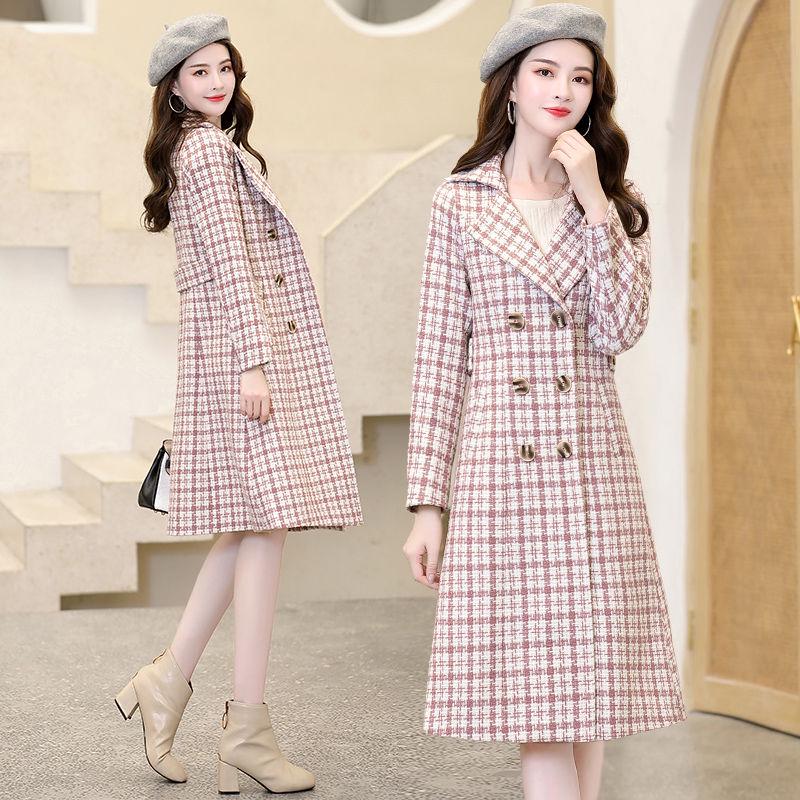 Women's Jackets & Coats Med-long Plaid Wool & Blends Coat Turn-down Collar Solid Cotton-padded Parka