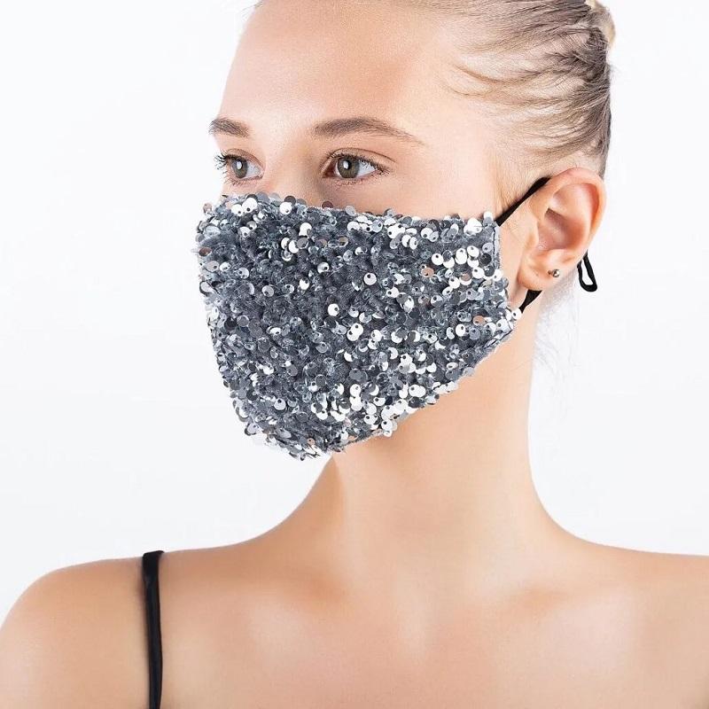 Women's Cotton Luxury Sequins Mask Windproof Dustproof Washable Mask Solid Color Shining Streetwear Face Mask Holiday Party Facial Masks Face Cover