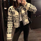 Spring and Autumn Short Cardigan Jacket Printed Splicing Color Loose Sweater Retro Thin All-match Top