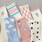 Five Pairs of Women's Cotton Korean Fashion Socks White Cartoon Pattern Stockings