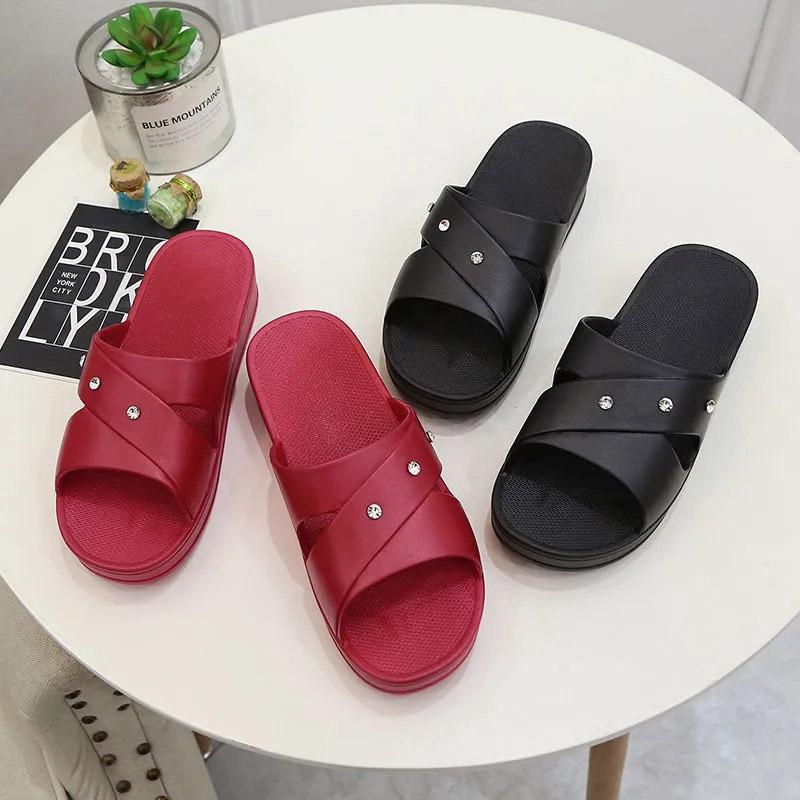 Women's Summer Thick-soled Slippers Home Bathroom Bath Non-slip Slippers Korean Casual Medium-heeled Slippers Mother Sandals Flip Flops