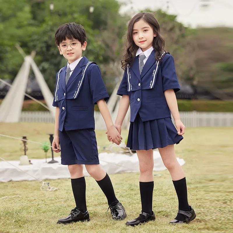 Kids Girls British Style School Uniform Student Uniforms Suit Long Sleeve Coat with Shirt Tie Mini Skirt Set Child Anime Costume