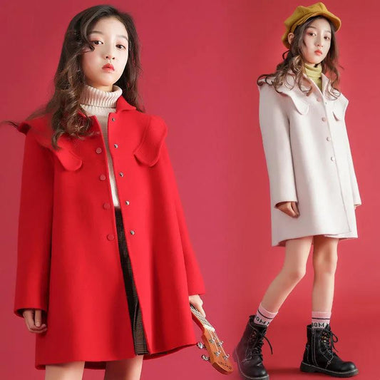 Girls Woolen Coat Spring and Autumn Woolen Trench Coat Girls Medium and Big Boys Red Mid-length Coat
