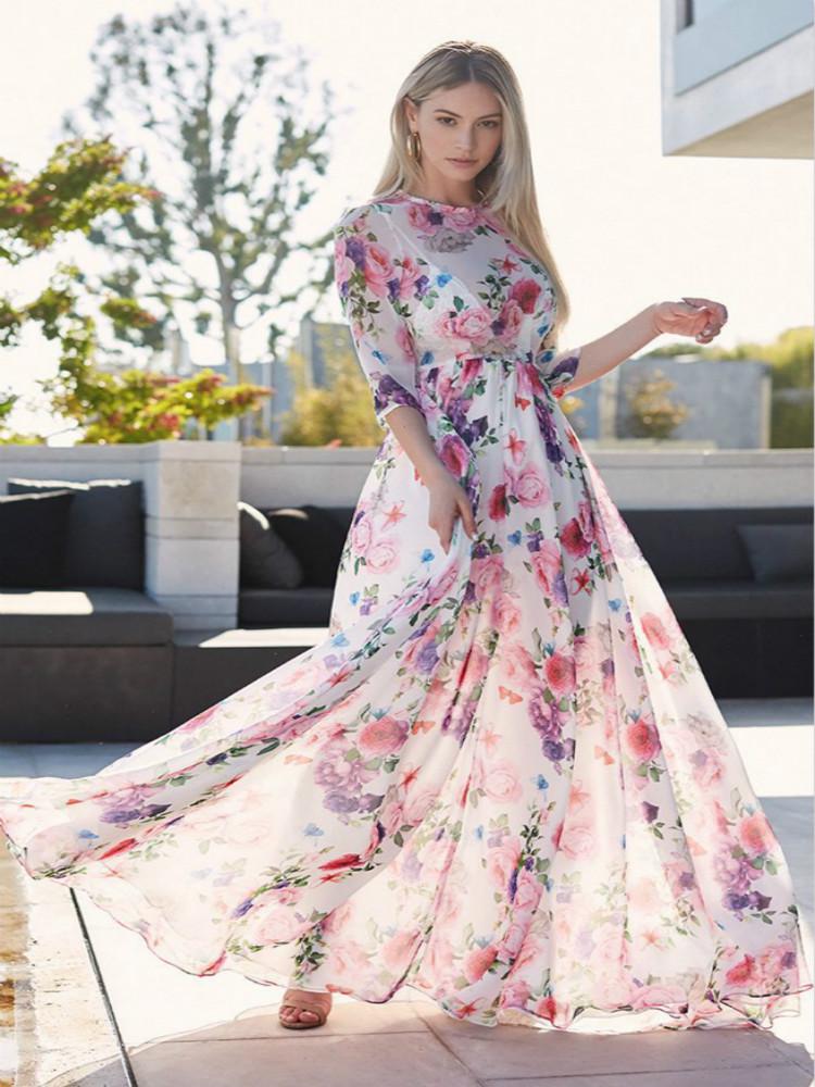 2019 Half Sleeve New Fashion Women Maxi Long Dress High Waist Summer Casual Loose Sundress