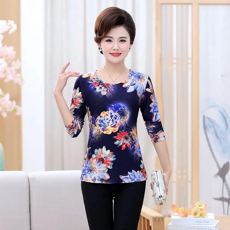 Spring and Autumn Mother Round Neck Long-sleeved T-shirt Women's Floral Loose Top Bottoming Shirt Women
