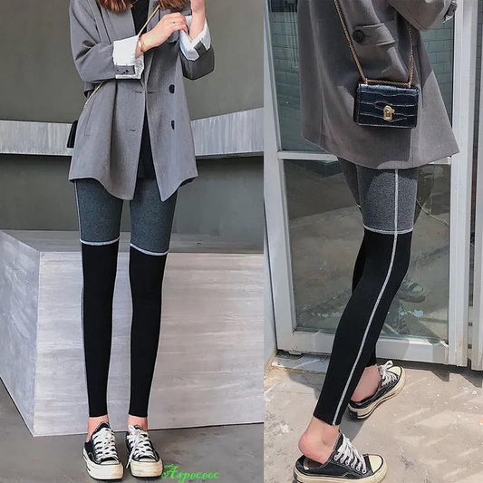 High-waist Stitching Contrast Color Leggings Women Wear All-match Thin Stretch Pants Plus Velvet Warm Cotton Trousers Sports Stretch Pants