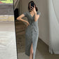 Women's Gray Ice Silk Knit Dress Female Summer Split  Slimming V-neck Maxi Dress Long Maxi Dress  Pleated   Split Dress