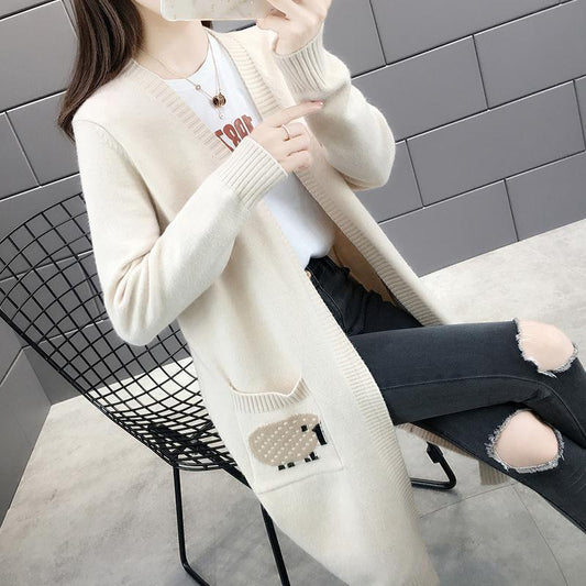 Fashion Coat Autumn and Winter Mid-length Pocket Sweater Solid Color Long-sleeved Loose Cardigan