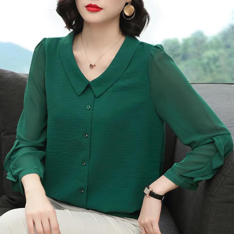 Women's Summer Long Sleeve Chiffon Shirt Printed Loose Large Size Round Neck Solid Color Top