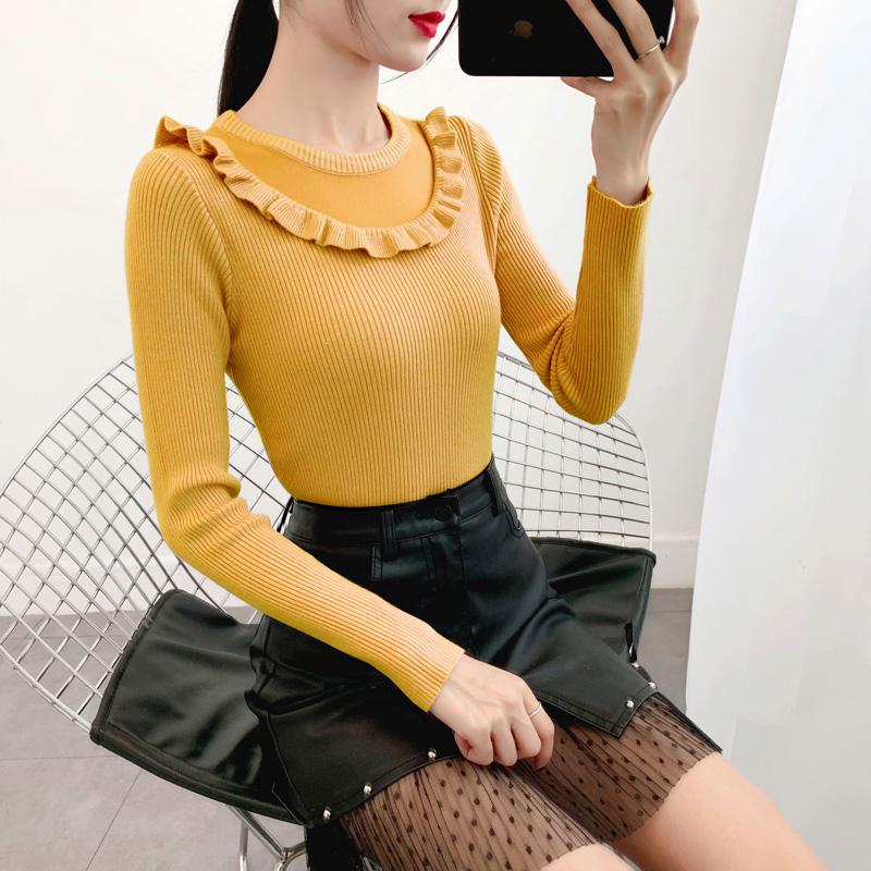 Sweater Women's Ruffled Collar Pullover Knitwear Korean Style Slim Solid Color Top Trendy Sweater Autumn and Winter Lady Style