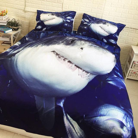 3Pcs/Set Shark Printed Bedding Set King Queen Twin Size Luxury Blue Bed Duvet Cover