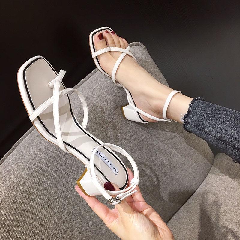 Sandals Female 2020 Fairy Little Fragrance High-heeled Summer Gentle Thick with Middle Heel with Clip Toes
