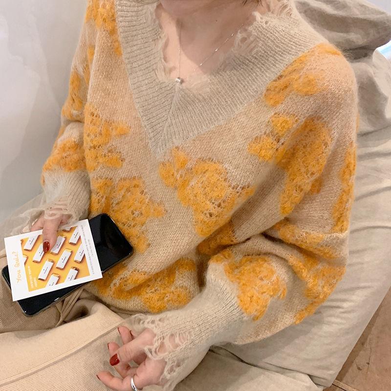 Autumn Winter V-neck Knitted Sweater Hollow Jacquard Design Long Sleeve Casual Fashion Pullover Thickening