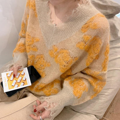 Autumn Winter V-neck Knitted Sweater Hollow Jacquard Design Long Sleeve Casual Fashion Pullover Thickening