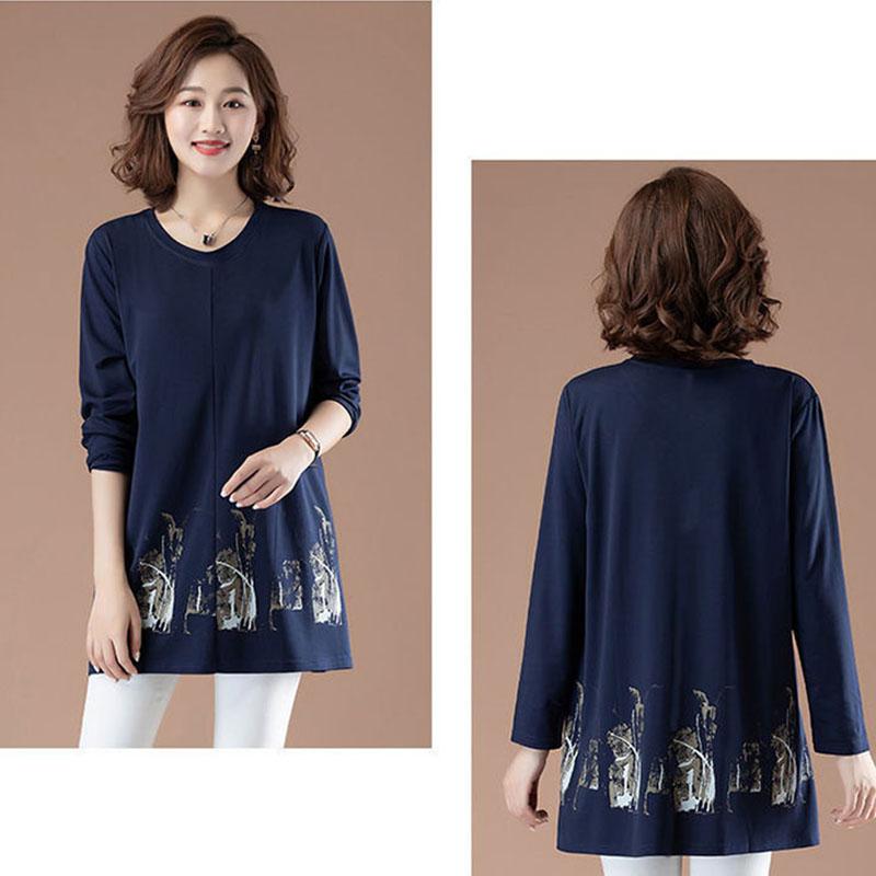 Womens Leisure Print T-shirt Long Sleeve Round Neck Blouses Casual Loose Tops Pullover