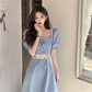 Women's Summer Solid Color Dress Square Neck Puff Sleeves Slim Over Knee Midi Dress