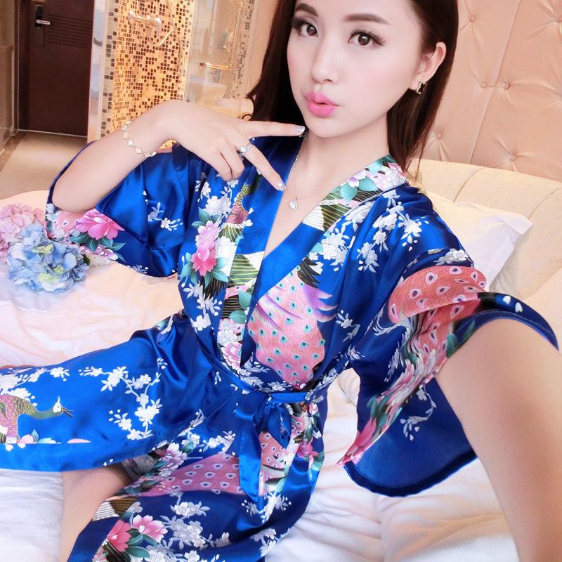 Women Sexy Silk Satin Knee Length Robe Bathrobe Peacock Floral Print Kimono Pajamas Cardigan