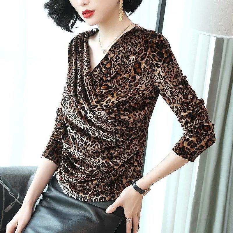 Women's Spring and Autumn V-Neck T-Shirt Leopard Print Large Size Loose Long Sleeve Top