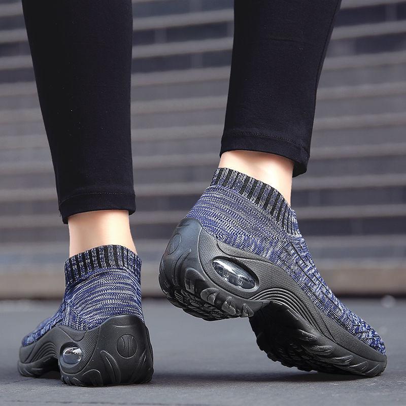 Women's Mid High-heeled Sneakers Casual Breathable Mesh Sports Shoes Running Flat Shoes Slip on Thick-soled Dance Shoes