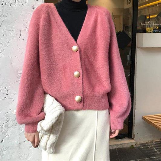 New Slim Autumn Imitation Mink Velvet Lazy Loose V-neck Casual Long-sleeved Sweater Knitted Cardigan Button Jacket Women