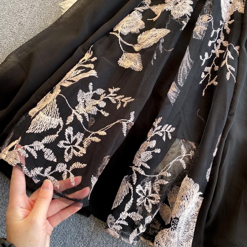 Spring Summer Fairy Flower Embroidery Dress Women Elegant Lantern Sleeve Mesh Patchwork Party Black