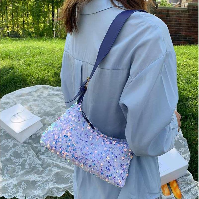 Shiny Sequins PU LeatherElegant Baguette Bag Armpit Bag for Women Shoulder Handbags Lady Simple
