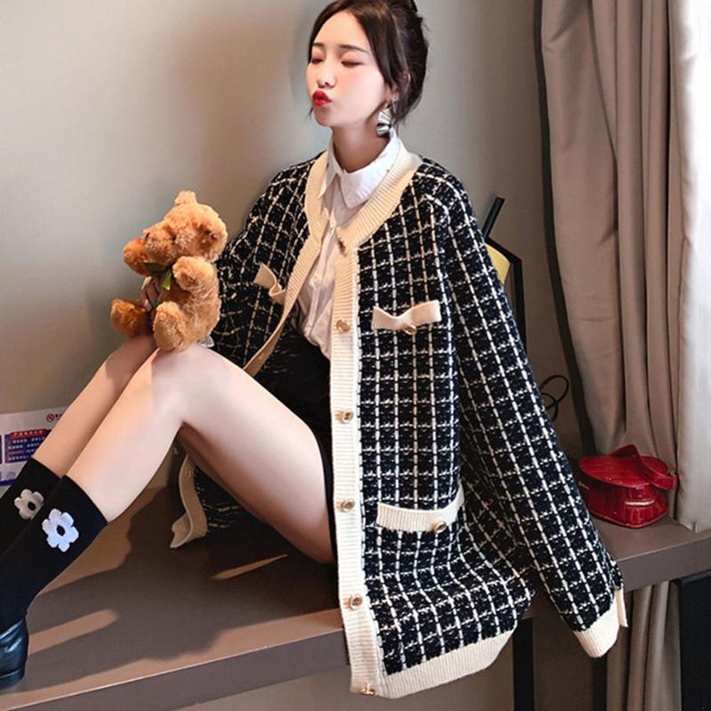 Sweater Jacket Women's Small Fragrance Knit Cardigan Houndstooth Low Round Neck Loose Temperament Women's Casual Warm Jacket