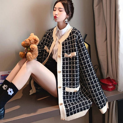 Sweater Jacket Women's Small Fragrance Knit Cardigan Houndstooth Low Round Neck Loose Temperament Women's Casual Warm Jacket