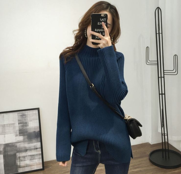 Korean Style Fashion Loose Half Turtleneck Sweater Women's Solid Color Large Size Mid Length Knit Sweater