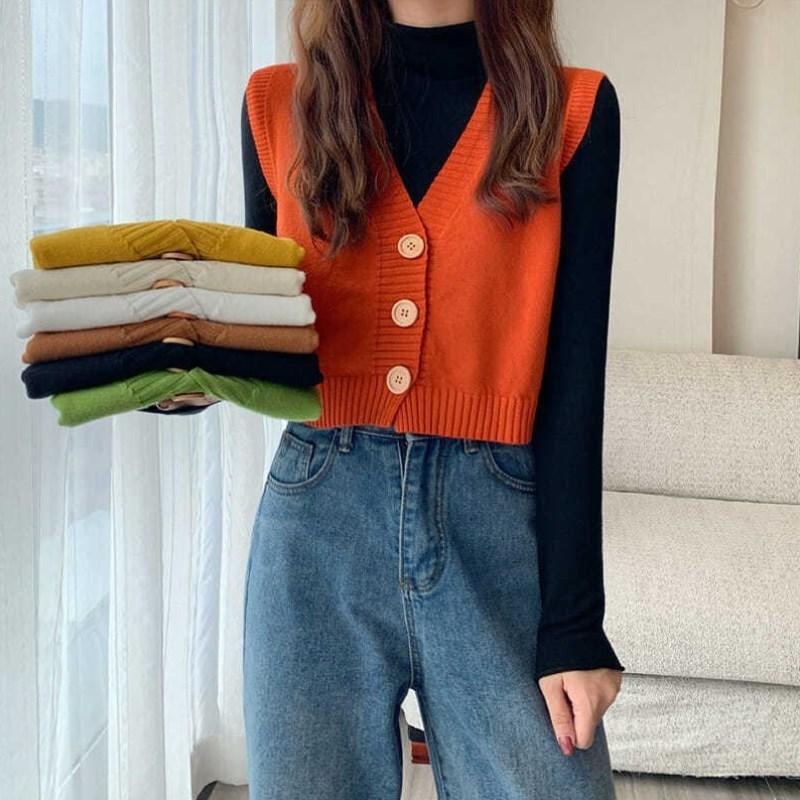 Sweater Knit Vest Women Solid Loose V-Neck Cardigan Short Sweater Elegant Sleeveless Single Breasted Lovely Female Basic Tops