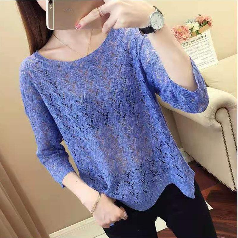 Women's Thin Hollow Knitted Sweater Three-quarter Sleeve Bottoming Shirt Loose Pullover Hollow Short-sleeved Sunscreen Top