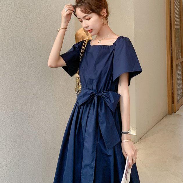 Female Plus Size Bubble Sleeve Elegant Holiday Dress Summer Vintage Big Bow Slim Vacation Dress