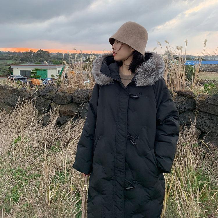 Fluffy Big Fur Collar Hooded White Duck Down Down Jacket Women's Mid-length Loose Women's Winter Thick Coat Button Design Winter Jacket
