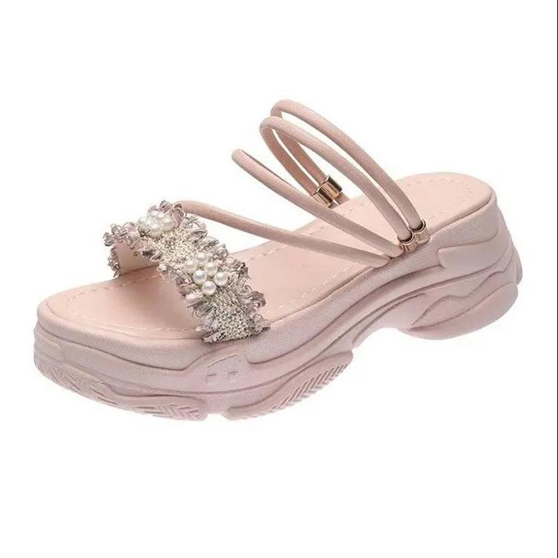 Two Wear Sandals Women's All-match Thick Bottom Heightening Light and Comfortable Outer Wear Sandals and Slippers Pearl Decoration