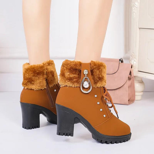 Winter Martin Boots Women High Heel Ankle Boots Women's Shoes with Thick Heel Side Zipper and Velvet