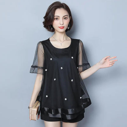 Women's Summer Plus Size Short Sleeve Top Mesh Loose Versatile V-Neck T-Shirt