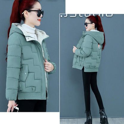 Women's Solid Color Short Down Jacket Winter Korean Style Loose Quilted Jacket Casual Hooded Padded Jacket