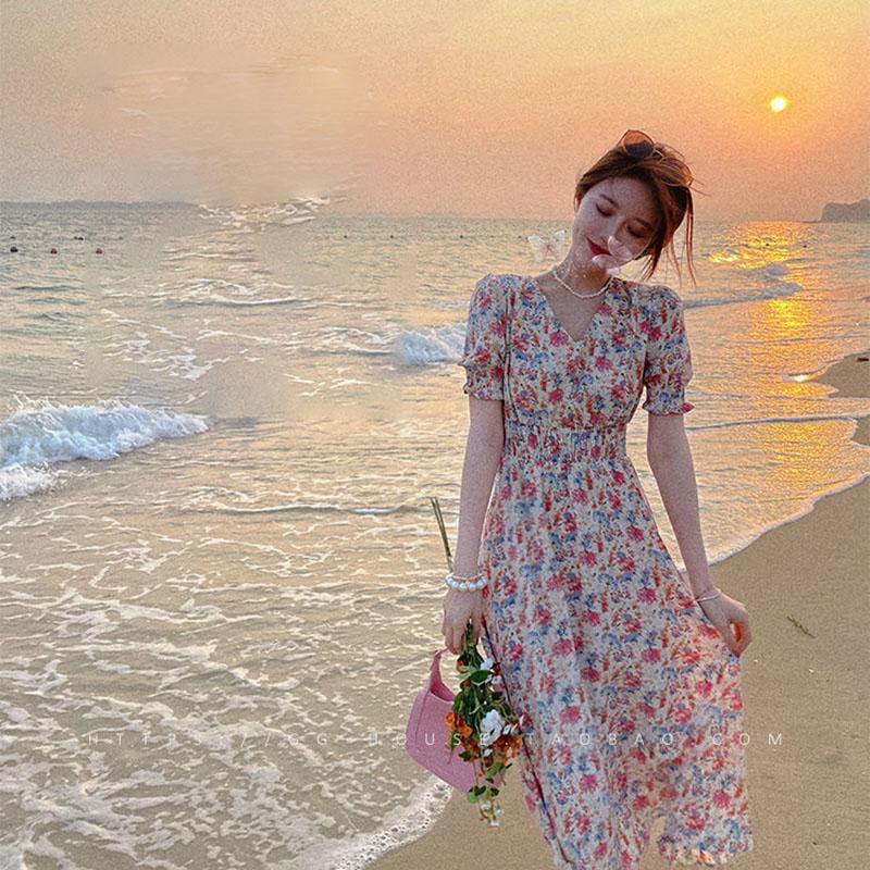 Sweet Tea Girl Chiffon Floral Sling Dress Summer Vacation Style Long Gentle Style Dress