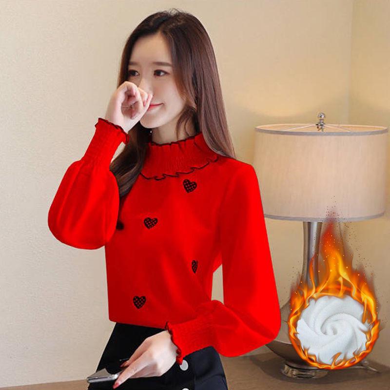 Pofulove Base Shirt Winter Embroidery Tide Wild Plus Velvet Inner Body Loose Loose Shirt on Clothes