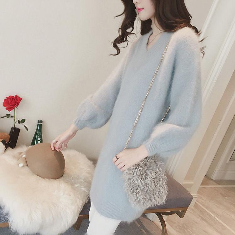 Non-shedding Faux Mink Women's Sweater Spring and Autumn Plus Size Loose Fashion Trend V-neck Thick Mid-length Bottoming Shirt