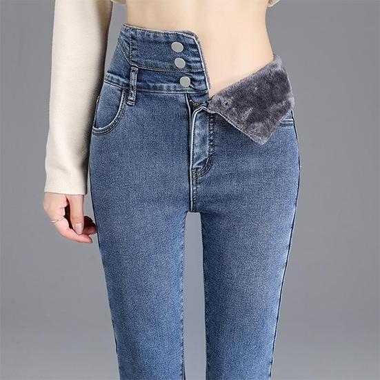 Women's Winter High Waist Plush Jeans Female Large Size Elastic Slim Pants Casual Warm Long Pencil Pants